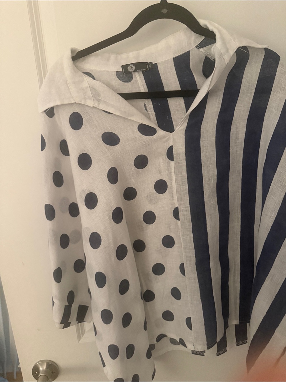 Made in Italy Linen Polka Dot Striped Blouse Top White Navy XL Boho